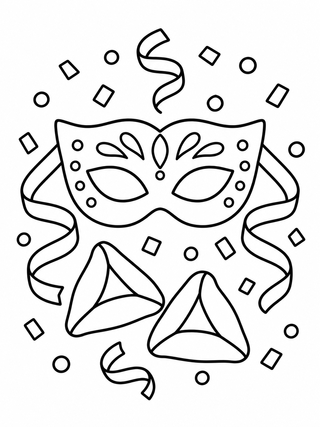 Coloring page Purim Mask and Hamantaschen